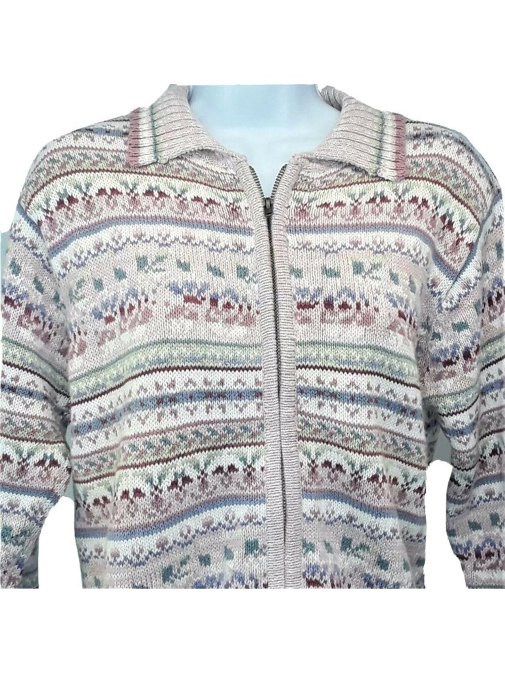 Tiara International Zip Cardigan Sweater Womens Small Pink Fair Isle Spring 2002